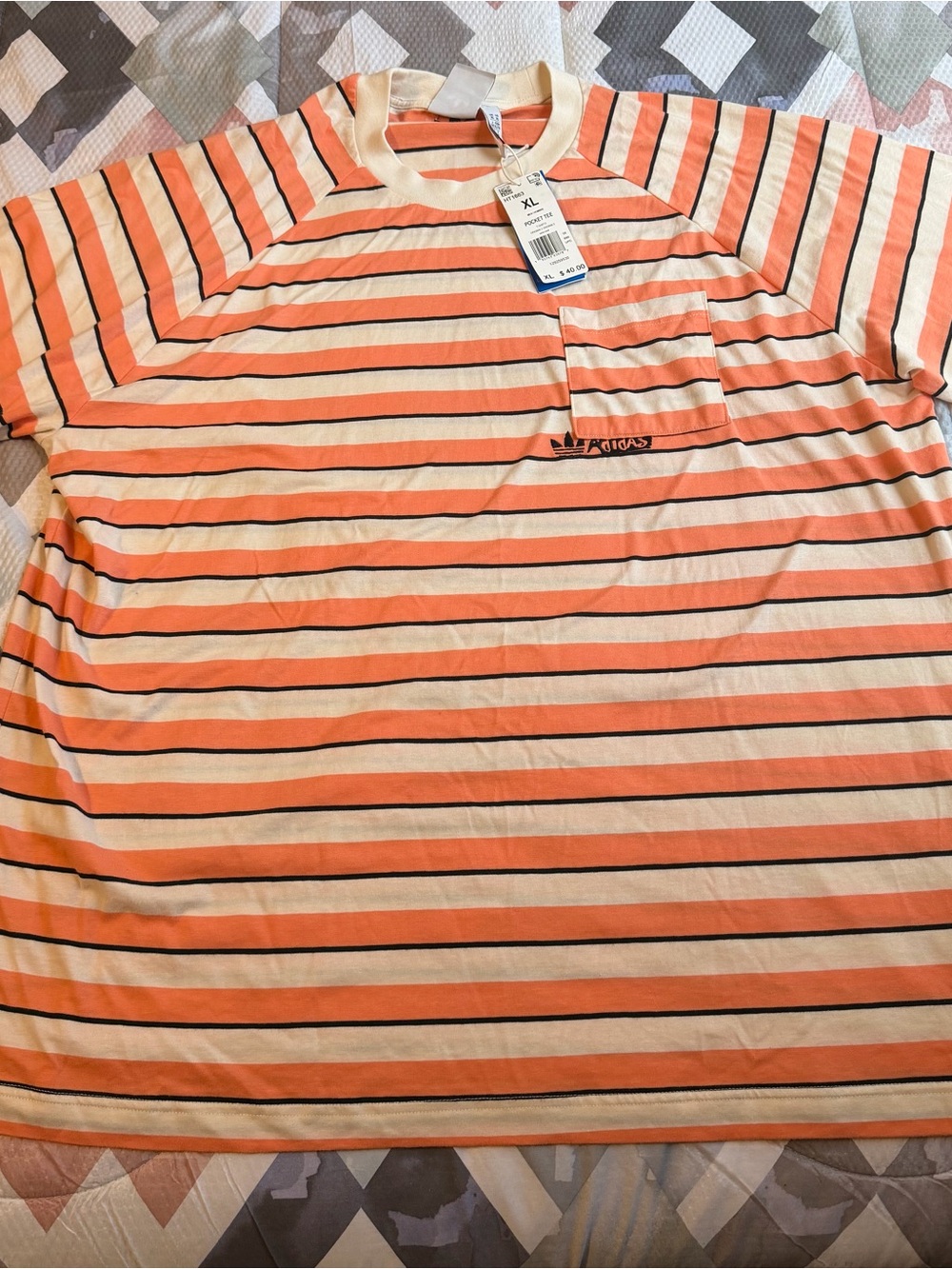 Adidas Men's Striped Pocket Tee - Orange/Cream - Unbranded
